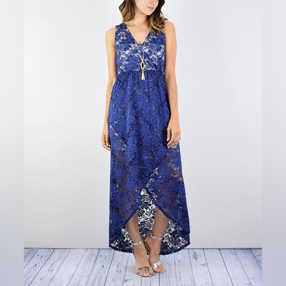 Egs by Eloges Women’s L New Navy lace kimono maxi dress. NWOT.
